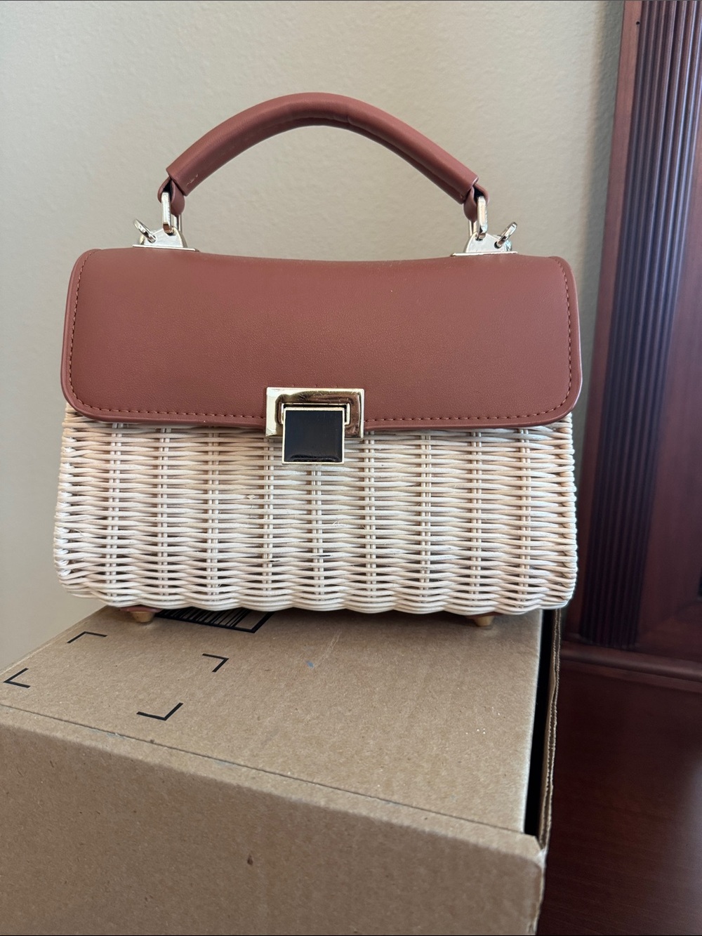 Woven Rattan Top-Handle Bag with Brown Flap